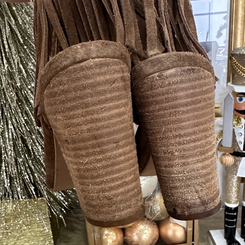 Carlos by Carlos Santana Brown Suede Fringe Open-Toe Heeled Boots - Picture 6 of 9